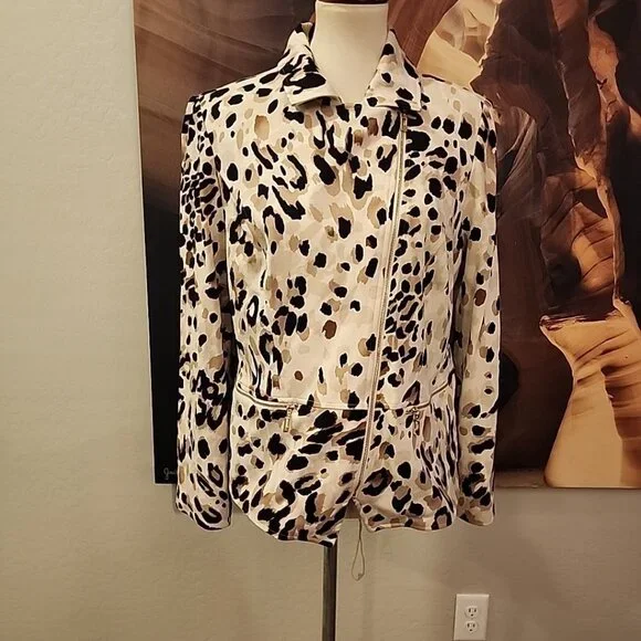 CHICO’S Animal Print Soft Stretch Ponte Knit Zip Moto Jacket Top US M 10